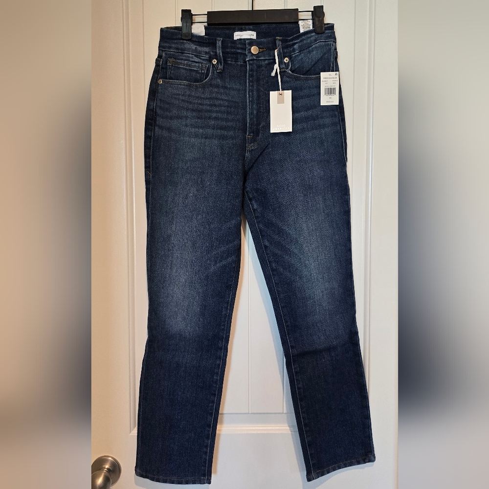 Good American Dark Blue Jeans. Good Legs Stovepipe. Cropped.